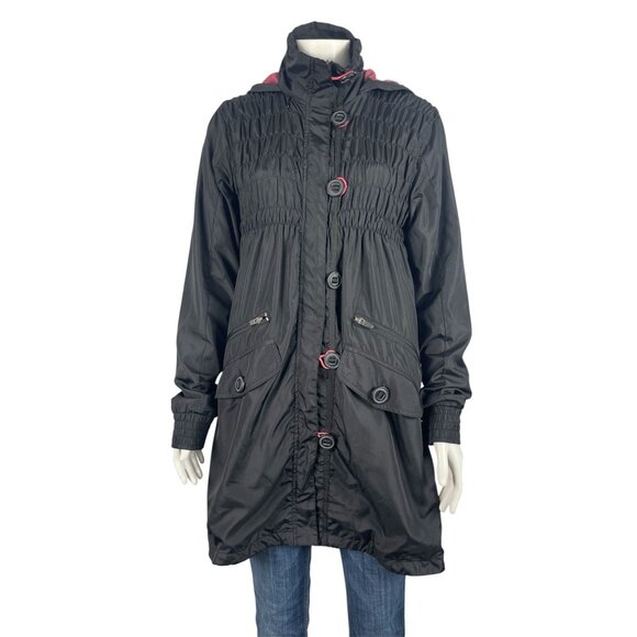 Athleta Shock Cord Anorak Hooded Jacket Black XS Long Length Mesh Lining Ruched - Picture 1 of 14